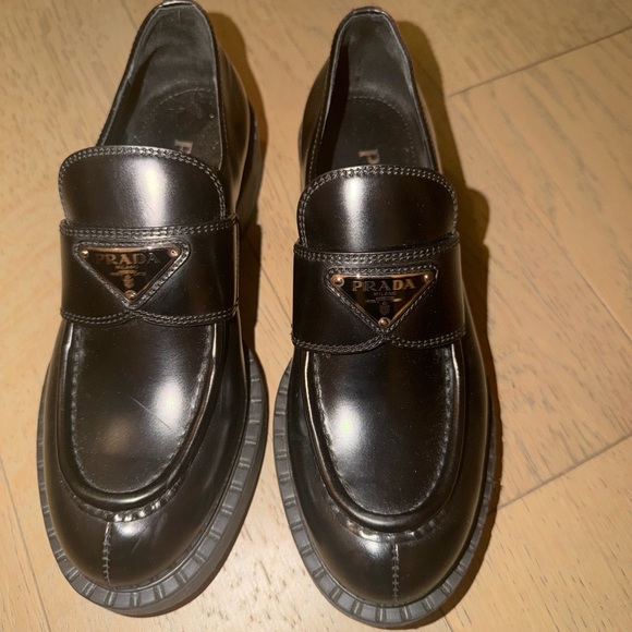 Prada Shoes - Prada Black Leather Women's Slip-On Loafers with Triangle Logo